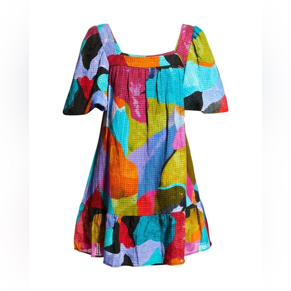 Marie Oliver Kaylee Puff-Sleeve Colorful Jewel Linen Silk Shift Dress- XS - Picture 3 of 10